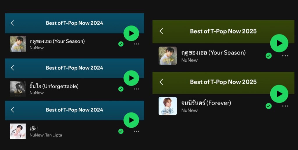 Spotify Wrapped TH 2025 ✨

— Best Of T-Pop Now 2024
ฤดูของเธอ , ขึ้นใจ , เอ๊ะ

— Best Of T-Pop Now 2025
ฤดูของเธอ ( No.3 ) , จนนิรันดร์ ( No.45 )

-

ฤดูจะอยู่มากกกกกก ติดสองปีเลยอะ เเถมปีนี้อันดับสูงขึ้นมาก ๆ ฮือ รอฟังผลงานเพลงของนุนิวในปีหน้าอีกน้า 🤍

◡̎/ ꒰ #NuNew <a href="/CwrNew/">NuNew</a>