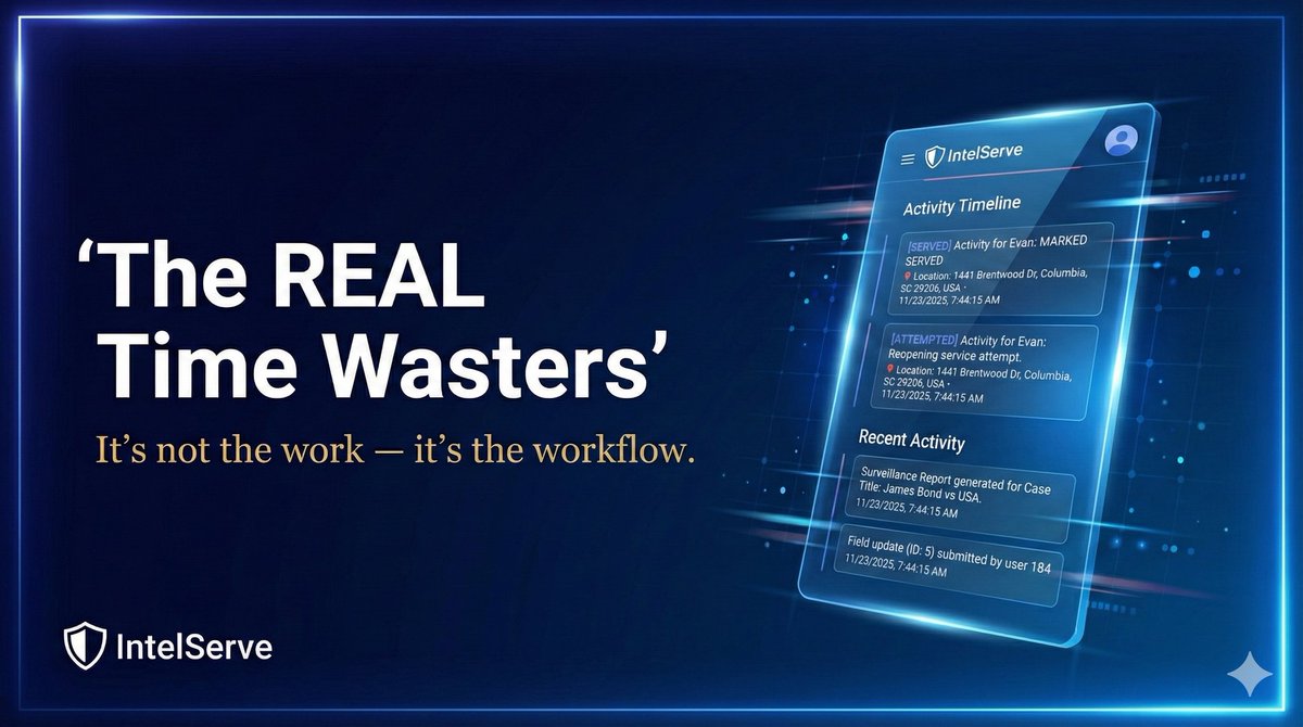 MidlandsPI's tweet photo. You’re not overwhelmed because of the work —
you’re overwhelmed because of the workflow.

5 biggest time-wasters for Servers &amp; PIs:
1️⃣ Scattered notes
2️⃣ Lost photos
3️⃣ Manual affidavits
4️⃣ Messy client updates
5️⃣ Digging through apps for info

IntelServe deletes all 5. https://t.co/w3qiD13mvc