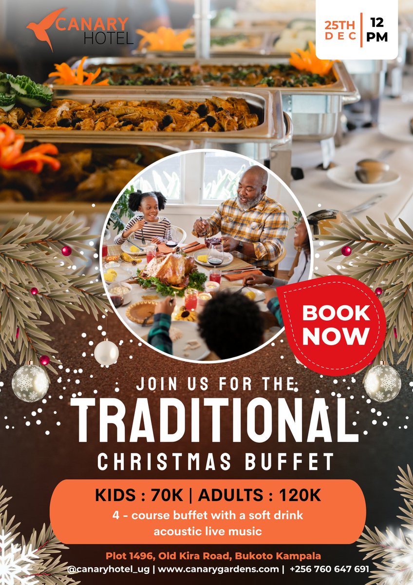 Christmas is here, celebrate to season festivities at Canary Hotel, join us for the traditional lunch buffet experience culture from all corners of Ugandan.
You don't want to miss out 
Call 0760647691 for direct booking 

#LiveNow #Christmas2025