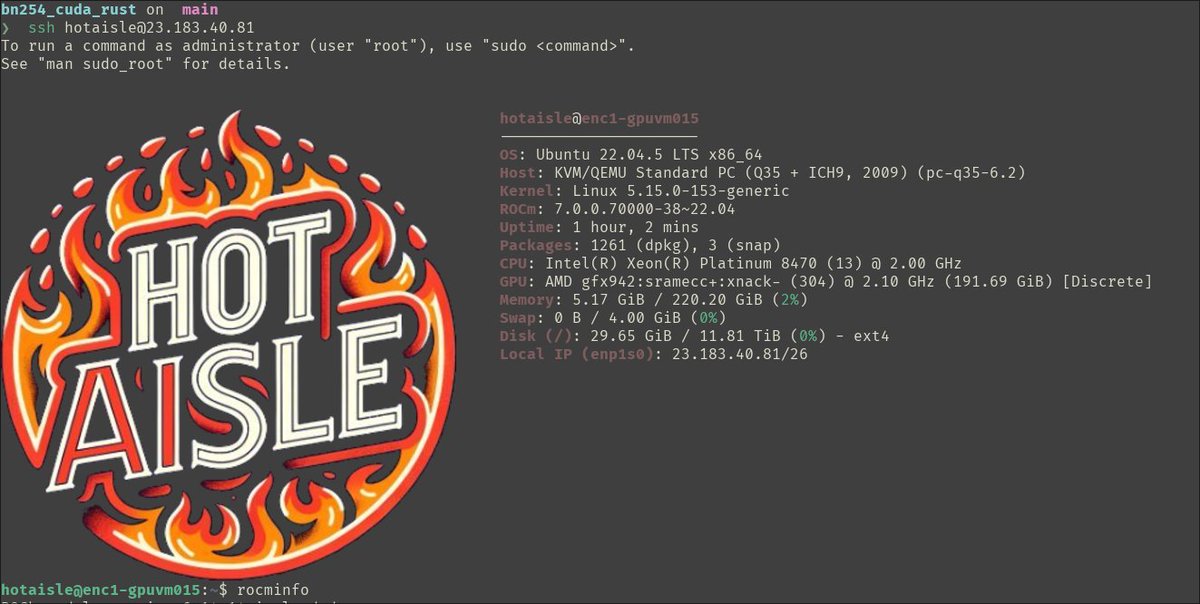 The reaction from poor Claude to <a href="/HotAisle/">Hot Aisle</a> after getting used my Radeon laptop:

```
● MI300X - that's a beast!
```