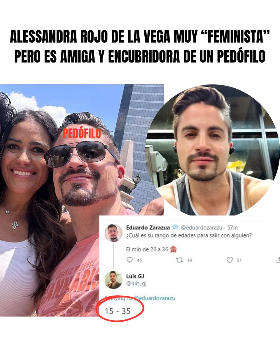 Cuando parecía que ya no podía haber otro escándalo, <a href="/AlessandraRdlv/">Alessandra Rojo de la Vega</a> vuelve a exhibirse: es amiga y encubridora de un sujeto señalado públicamente por conductas asociadas a la pedofilia.

<a href="/luis_gj/">Luis González</a> ha sido expuesto en redes por expresiones alarmantes y, aun así, es protegido y