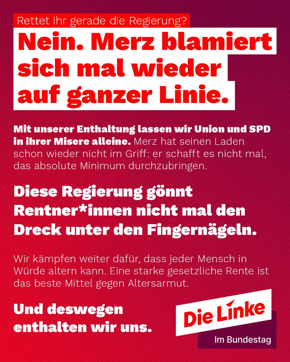 Merz 🤝 Linke? Mit Sicherheit nicht.

🚨 Viele von euch wundern sich über unsere geplante Enthaltung zum Rentenpaket – bei den irreführenden Artikeln von Springer &amp; Co. überrascht uns das nicht. Das Thema ist komplex, deswegen wird es heute etwas länger:

1️⃣ Es geht nicht um
