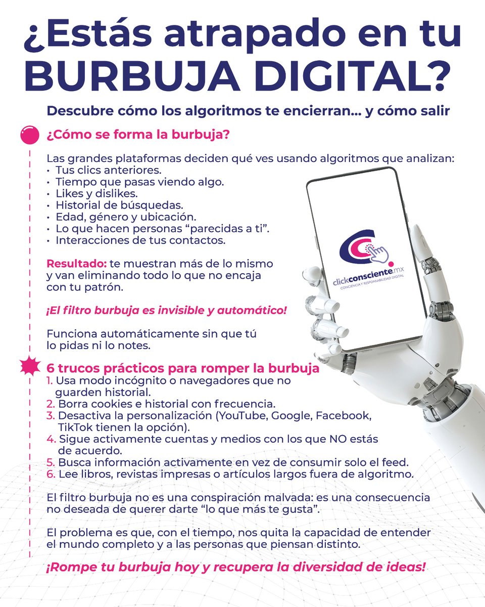ClickConsciente's tweet image. El “Filtro Burbuja” es invisible y automático, te muestra lo que quieres ver, no lo que necesitas saber.

Romperlo es un acto de rebeldía digital. ¡Lee nuestra infografía!

#SeguridadEnLinea #DesconexionDigital #FilterBubble #ConcienciaDigital