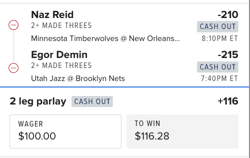 Project_Parlay_'s tweet image. 3s Parlay 🎯 (Dec 4th NBA)

Naz Reid — 2+ Made Threes (-210)
Egor Demin — 2+ Made Threes (-215)

2-Leg Parlay 💥 +116
 Wager: $100
 To Win: $116.28

#NBA #NBAPicks #ThreePointers #ProjectParlay #ColesAlgoPicks