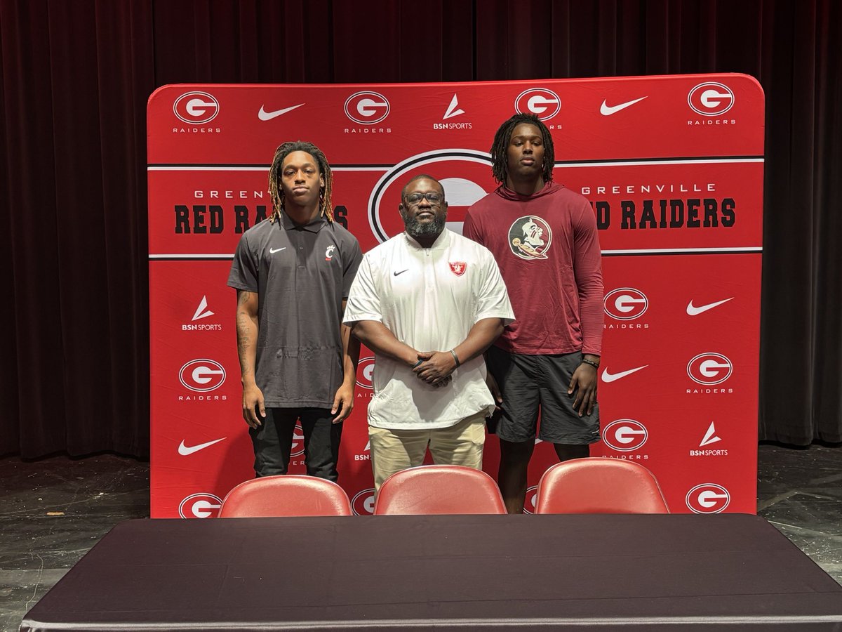 WheretheresWill's tweet photo. @GoBearcatsFB @FSUFootball 
Greenville High Signing Day Event, 12/4/25.

Congratulations to @MckinnJamarion  and @rozzell_3!
Red Raiders will be representing for those ‘Noles and Bearcats🏈🏈

@CoachWatson_48 @_DJDaniels https://t.co/Ql8NJCmhpD