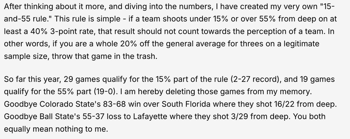 matthewwinick's tweet image. Within this article, I suggest we use something called the 15-and-55 rule, which should help us sort through potentially stunning results that don't actually mean much in the long run. I use Florida vs. Tennessee last season as an example later in the blurb.