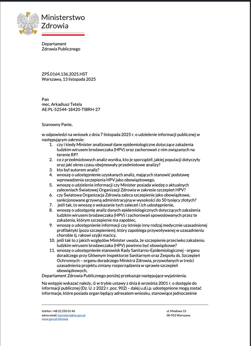 atmecom's tweet photo. Minister Zdrowia odmówił odpowiedzi na pytania o analizy, które miały być podstawą obowiązkowych szczepień HPV.
Zamiast wskazać przepisy czy uzasadnienie, stwierdził jedynie, że… „odpowiedzi nie podlegają udostępnieniu”.

Czyli albo analiz nie ma, albo ujawnienie byłoby zbyt niewygodne.
Jedno i drugie pokazuje pełen brak transparentności państwa i fikcję państwa prawa. 

Władza, która żąda obowiązków, ale ukrywa informacje, narusza prawo obywatela do kontroli działań publicznych. 
Wprowadzenie obowiązku wbrew treści delegacji ustawowej - art. 17 ust. 10 ustawy o zwalczaniu chorób zakaźnych (czyli bez analizy epidemiologicznej) to delikt konstytucyjny. 

#Jawność #Transparentność #HPV #ZdrowiePubliczne #NOP #JestRyzykoMusiBycWybor #PaństwoPrawa