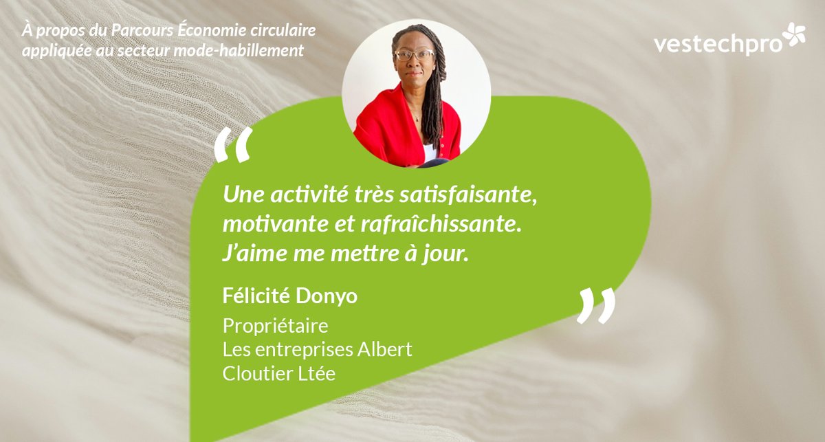 Tout comme Félicité Donyo, propriétaire Les entreprises Albert Cloutier Ltée, vous avez envie d’actualiser vos connaissances en économie circulaire ? Rejoignez notre Parcours en Économie circulaire dès janvier 2026! lnkd.in/egncq3g5