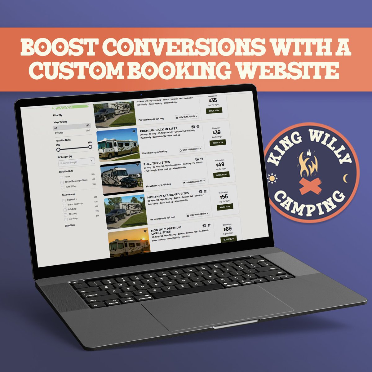KW_Camping's tweet photo. Unlock the full potential of your campground with a custom booking website tailored to your campground's needs, powered by Campspot API.

#Kingwillycamping #camping #campgroundmarketing #custommarketing #campspot #socialmedia #Booking #Bookingwebsite https://t.co/YtSg9vl9i5