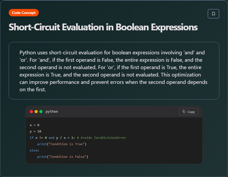 techielearns's tweet image. ✨ Short-Circuit Evaluation in Boolean Expressions (Python)

Learn more on our App and Website:
App : play.google.com/store/apps/det…
Web : techielearns.com
#Python #PythonDev #DataScience #WebDev #100DaysOfCode #DevLife