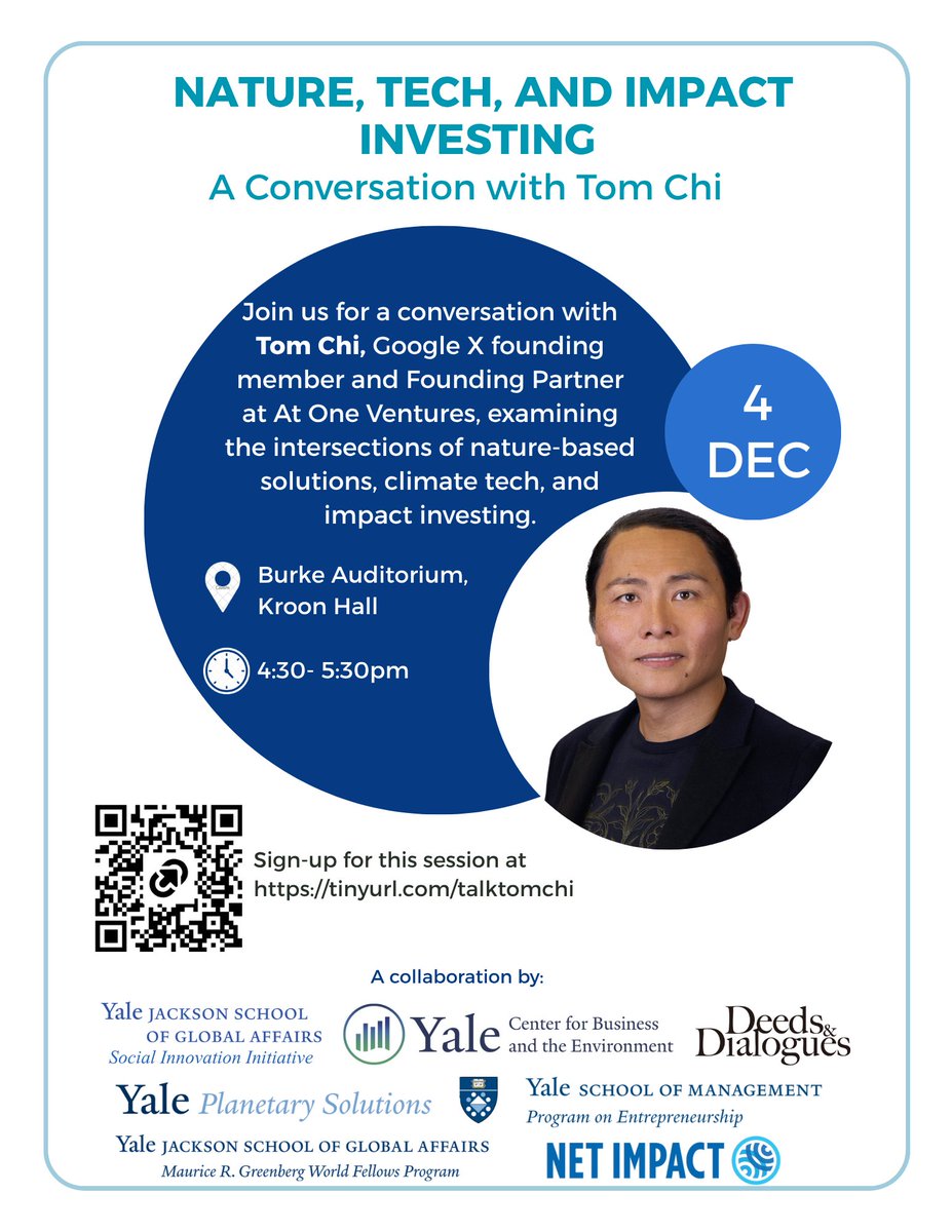 Calling all students or New Haven locals who are passionate about nature, tech, impact investing, or all of the above... Tom Chi will be delivering a talk TODAY at 4:30pm in Burke Auditorium, Kroon Hall. #climatetech #naturetech #careers #engineering #deeptech