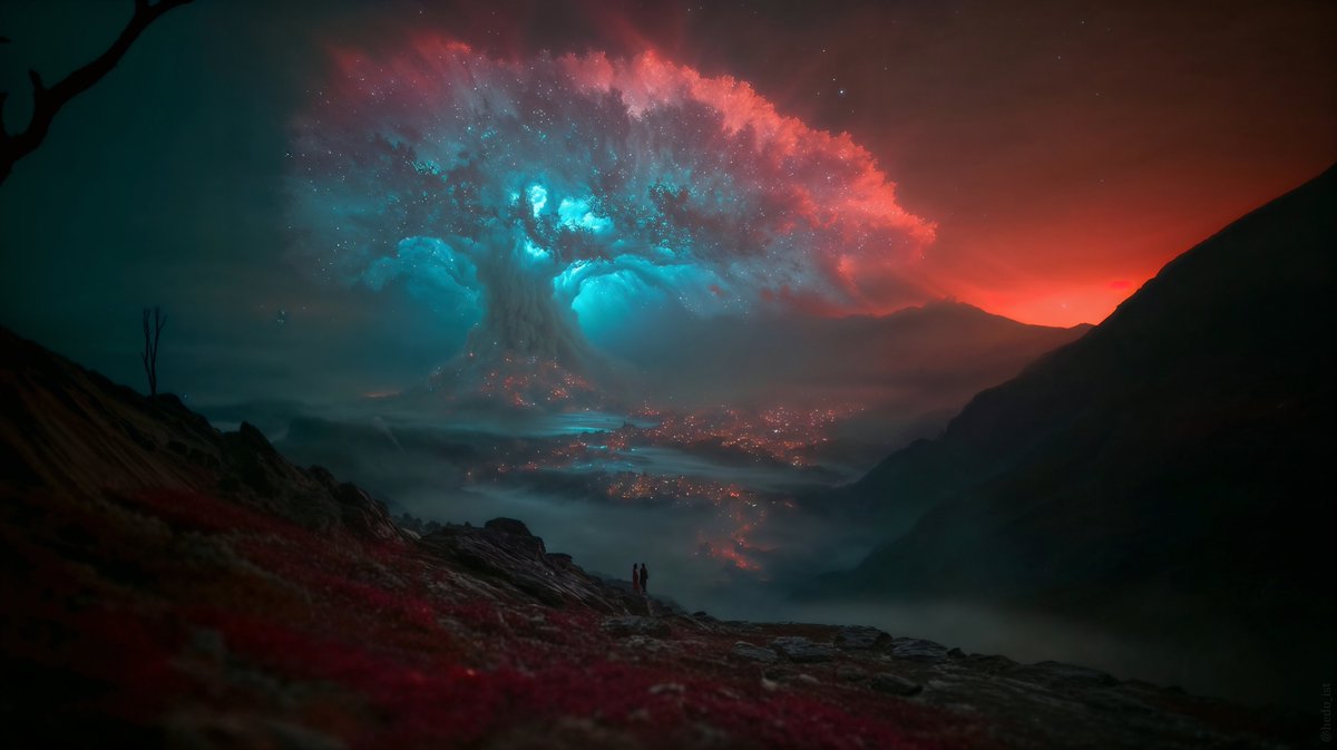 Colossal wallpaper for PC in 4K

prompt for Gemini Nano Banana, Midjourney or Grok :

{
  "prompt": "Wide-angle cinematic fantasy scene showing a colossal glowing tree made of swirling blue and red nebula-like energy, rising from a valley filled with soft mist and scattered