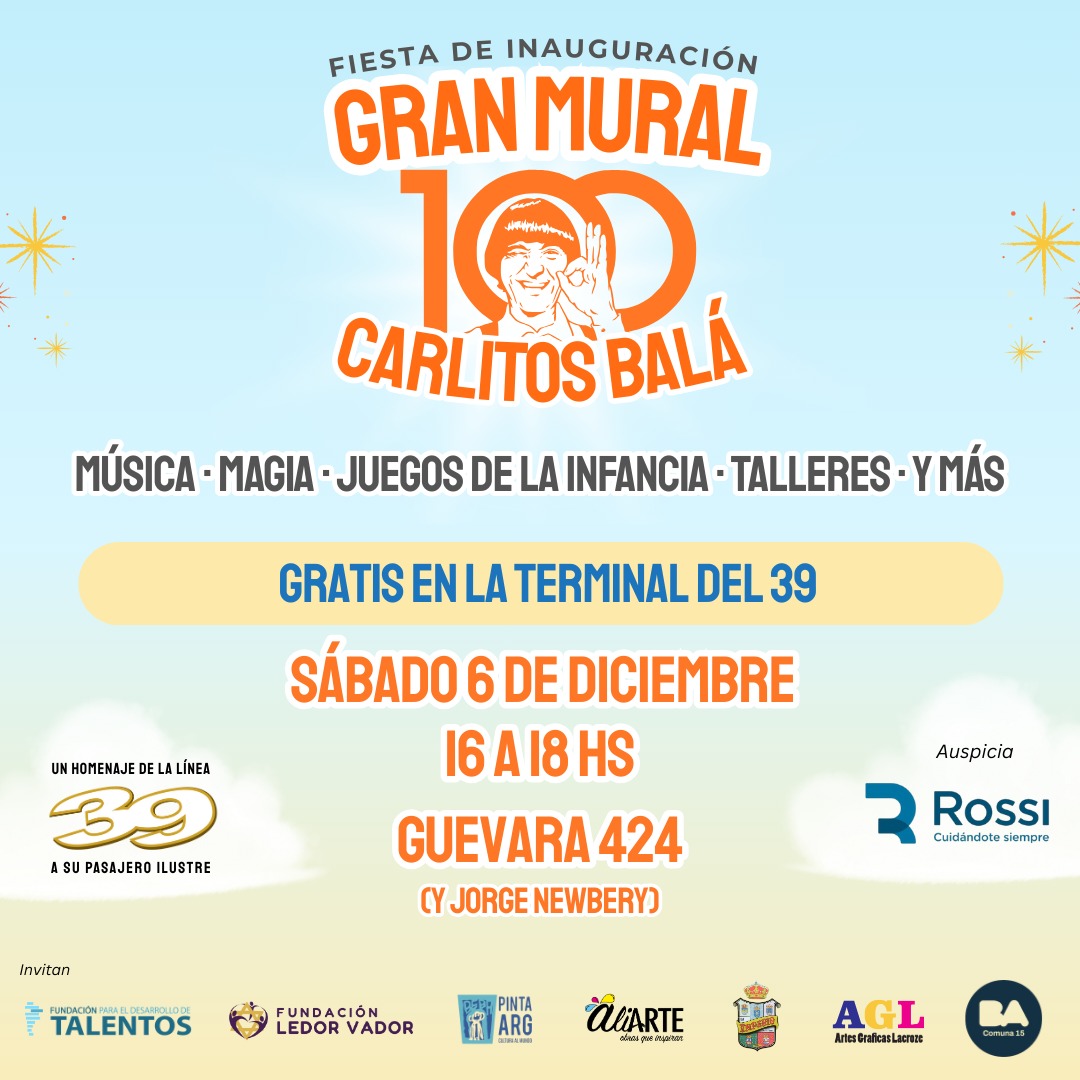 🎉 ¡Este sábado 6/12 celebramos el 100° Aniversario de Carlitos Balá! 🎉 

Los esperamos en el Playón de la Línea 39 de 16 a 18 hs:

📍 Playón de la Línea 39 — Guevara 424, Chacarita 
💛 de 16 a 18 - Entrada libre y gratuita ⁣ 

Vení con tu familia y amigos! 

¡Te esperamos! 👌🏻