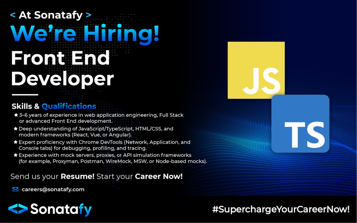 SonatafyM's tweet image. 🖥️ We are looking for a Front End Developer, a JavaScript Developer, and a QA Engineer from Latin America to join our team. 🙌

#FrontEnd #Backend #JavaScript #Typescript #NodeJs #MongoDB #QA #Hiring #SonatafyTechnology #SoftwareDevelopment