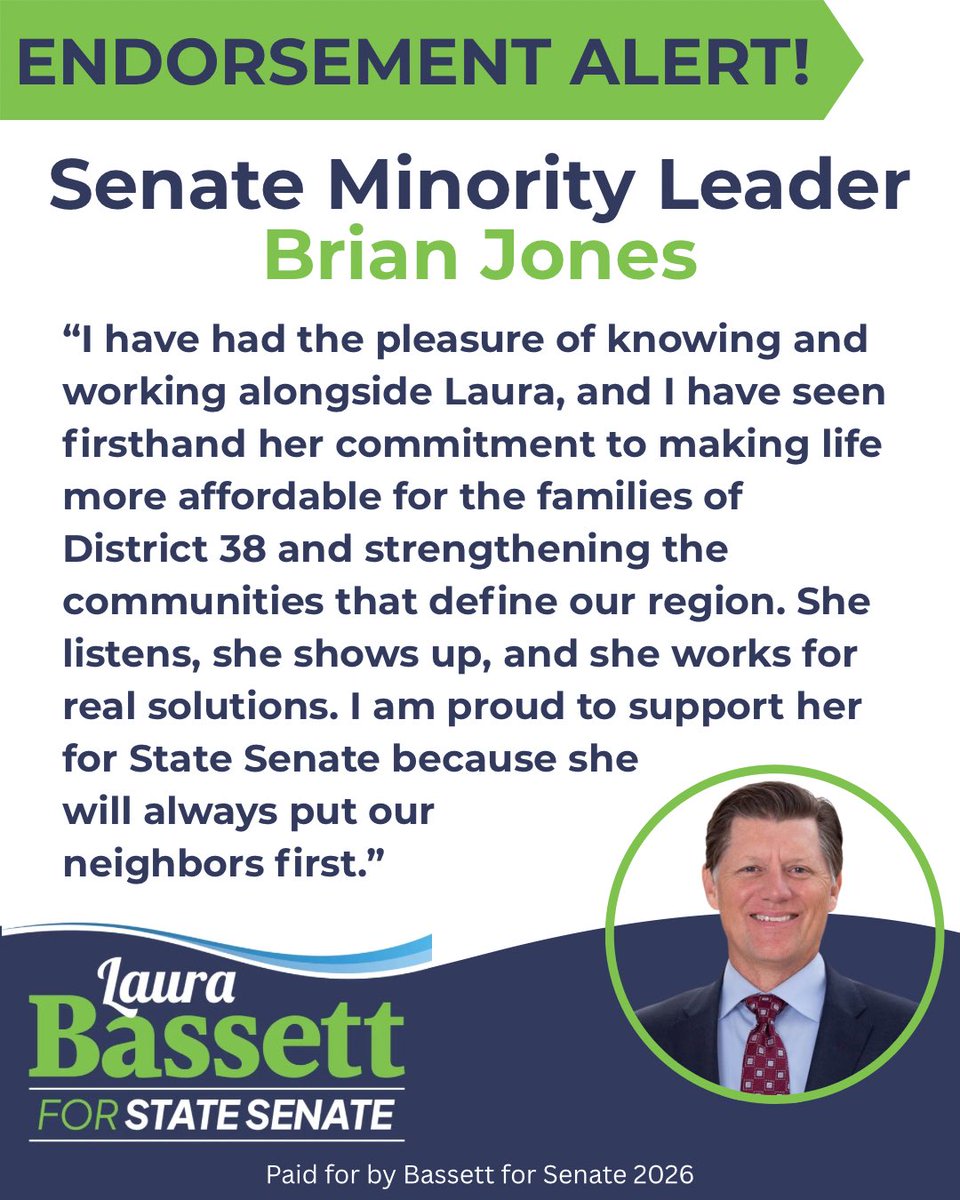 Grateful for the support of Senate Minority Leader Brian Jones. His trust means a great deal, and I will continue working every day to uplift families, protect taxpayers, and deliver real, lasting solutions for our region.