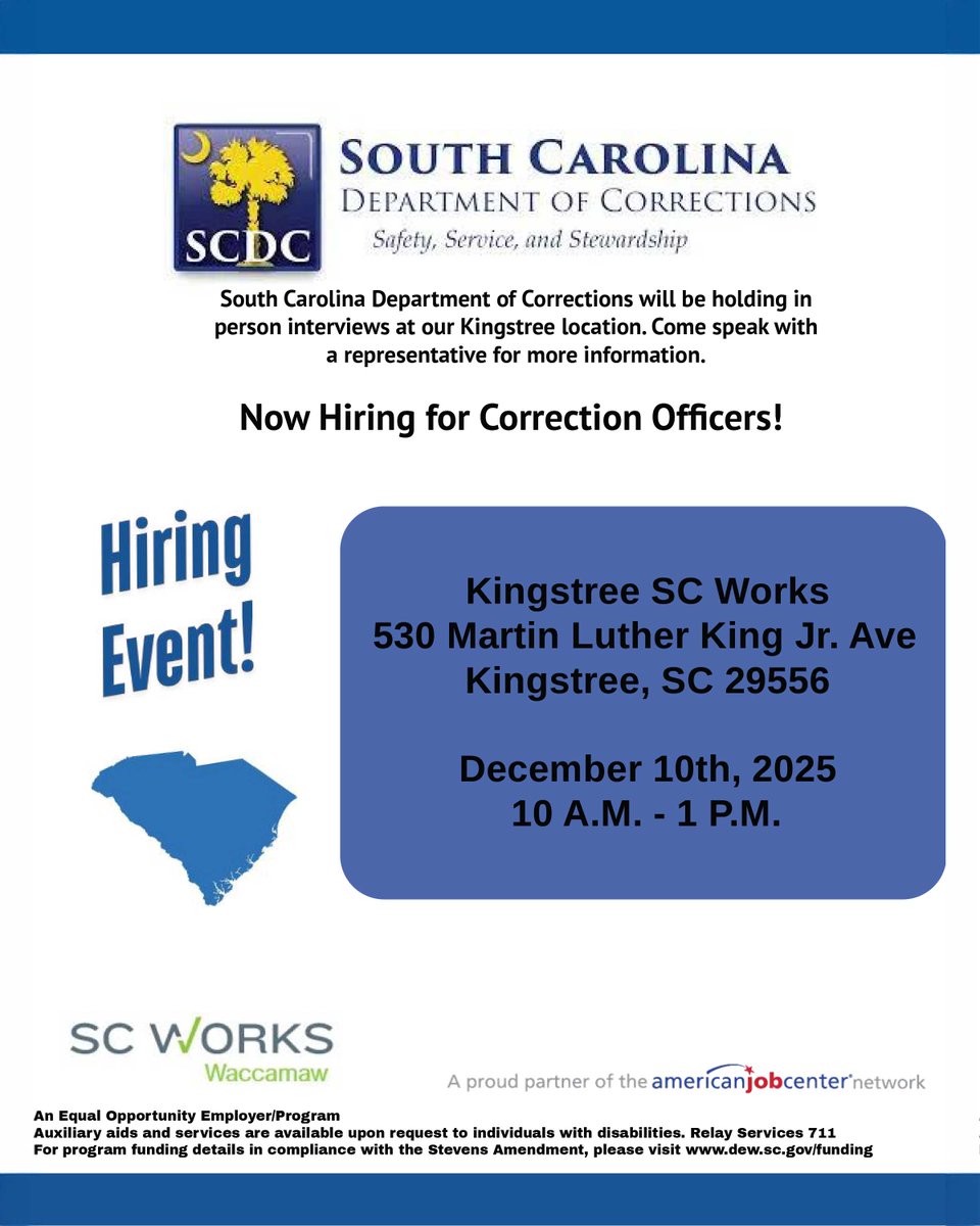 Mark your calendars. SC Department of Corrections will be at Kingstree SC Works on Dec. 10 from 10 AM to 1 PM. Meet with a representative and explore correction officer opportunities.
#scworkswaccamaw #scworkswrcog #scworkswioa #scworks
