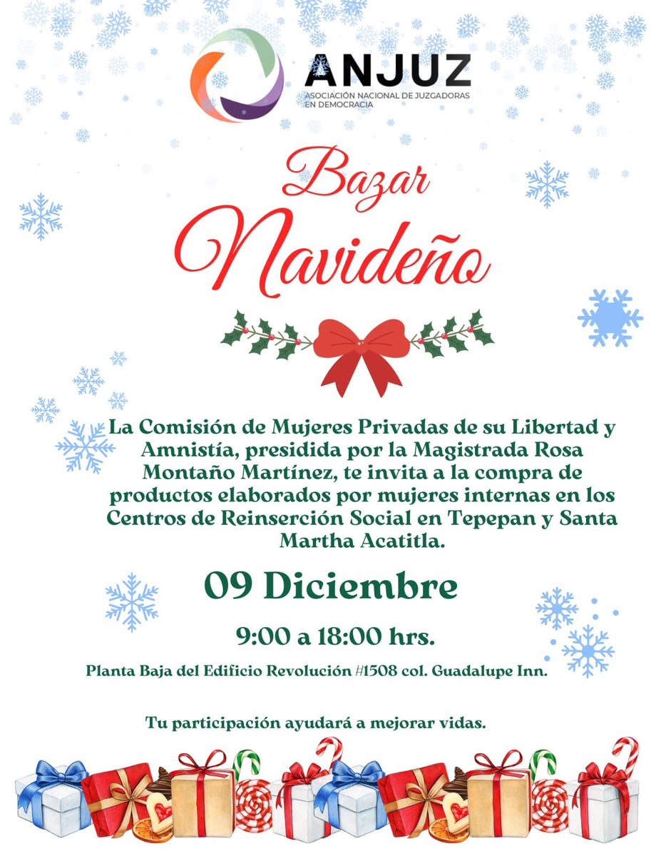 En ANJUZ creemos en la justicia con perspectiva humana. Te invitamos a participar en el bazar para apoyar a mujeres que buscan una segunda oportunidad 🎁