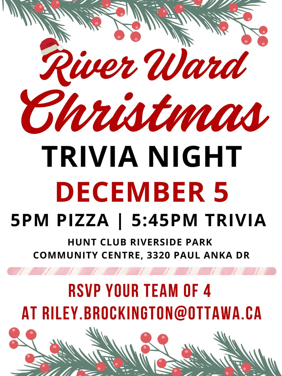 Friday night TRIVA game on!! – Free PIZZA 5 PM Dec 5.

2 tables open – RSVP email:  Riley.Brockington@Ottawa.ca