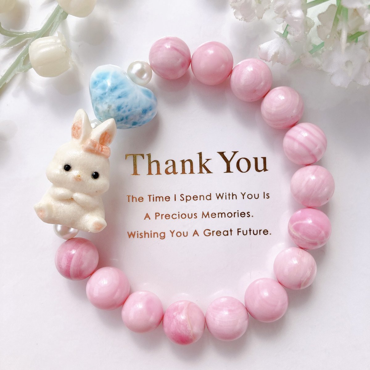 【一点物】ラリマー ハート＆鹿角うさぎ・フローライトねこちゃん天然石ブレスレット ❤️🤗いつもありがとうございます🤗❤️ 🐰鹿角うさぎちゃんラリマー