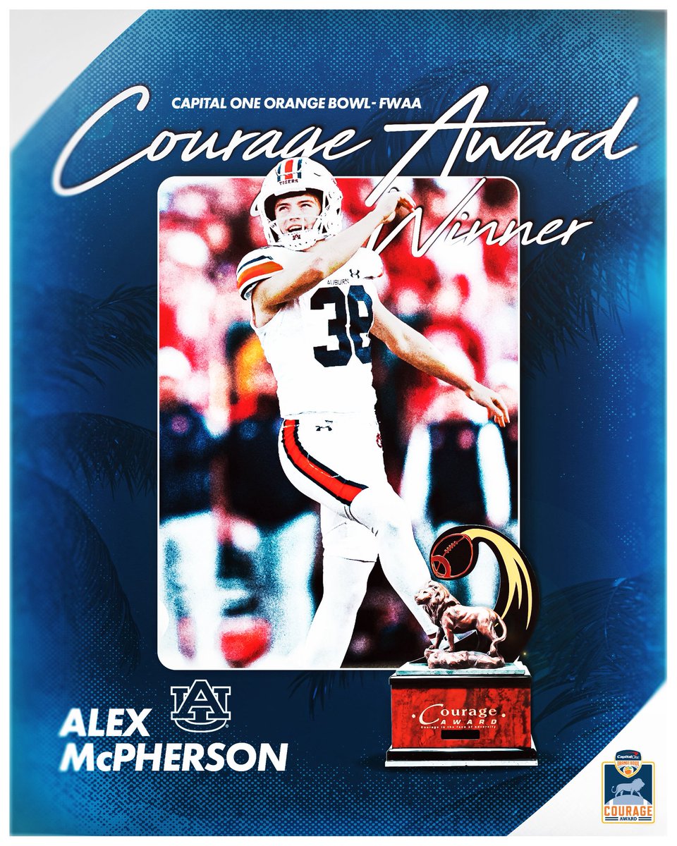 Auburn kicker Alex McPherson is the 24th annual recipient of the Capital One Orange Bowl- <a href="/TheFWAA/">Football Writers Association of America</a> Courage Award. 

McPherson overcame Crohn’s disease to become one of the nation’s most proficient kickers, returning to form after a nearly two-year battle that featured multiple