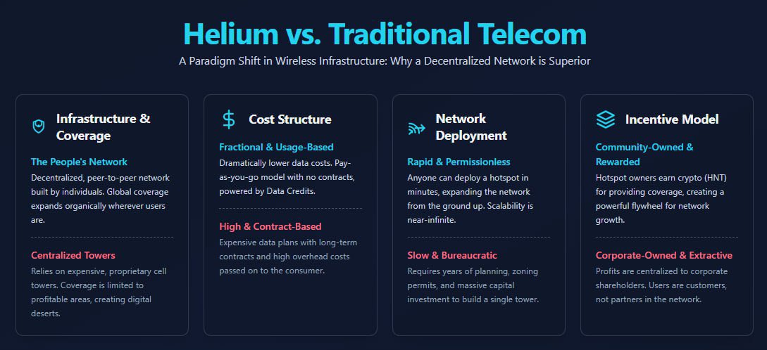 Traditional telecom has served the world for more than a century, but it struggles in dense and indoor environments where coverage is often weak.

<a href="/helium/">Helium🎈</a> takes a different approach by linking fragmented Wi Fi networks into one unified system.

This means Helium turns many