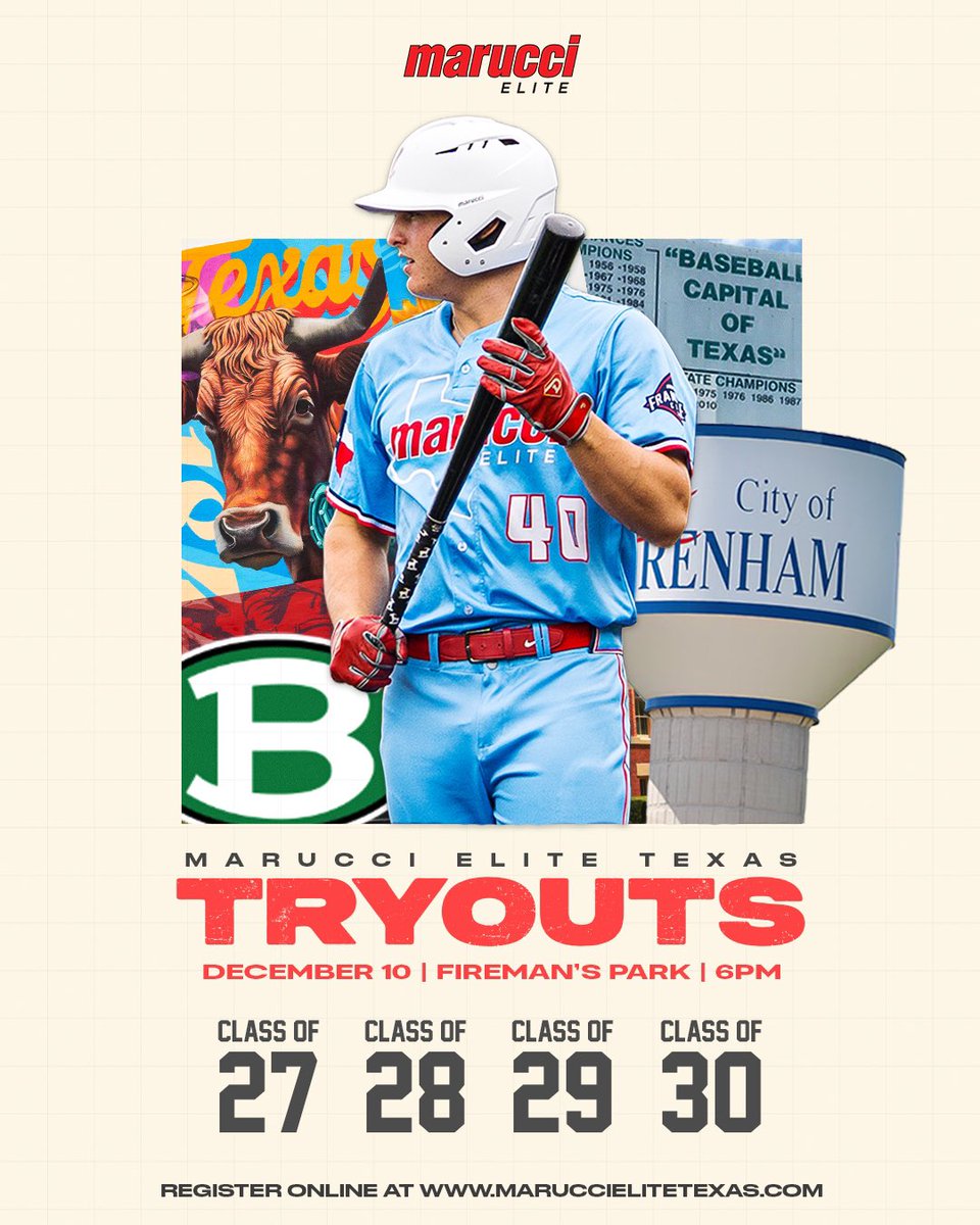 RecruitMETx's tweet photo. 🚨 Brenham, TX Tryout Update 🚨
Marucci Elite Texas is excited to be coming to Brenham! We will have tryouts on Wednesday December 10th at historic Fireman’s Park! Tryouts for 14U, and high school class of 2029, 2028 and 2027! Register online at: https://t.co/bCoLDjAtQc
 
#InOrInTheWay
#WeAintForEverybody
#MarucciFamily
@MarucciEliteTX