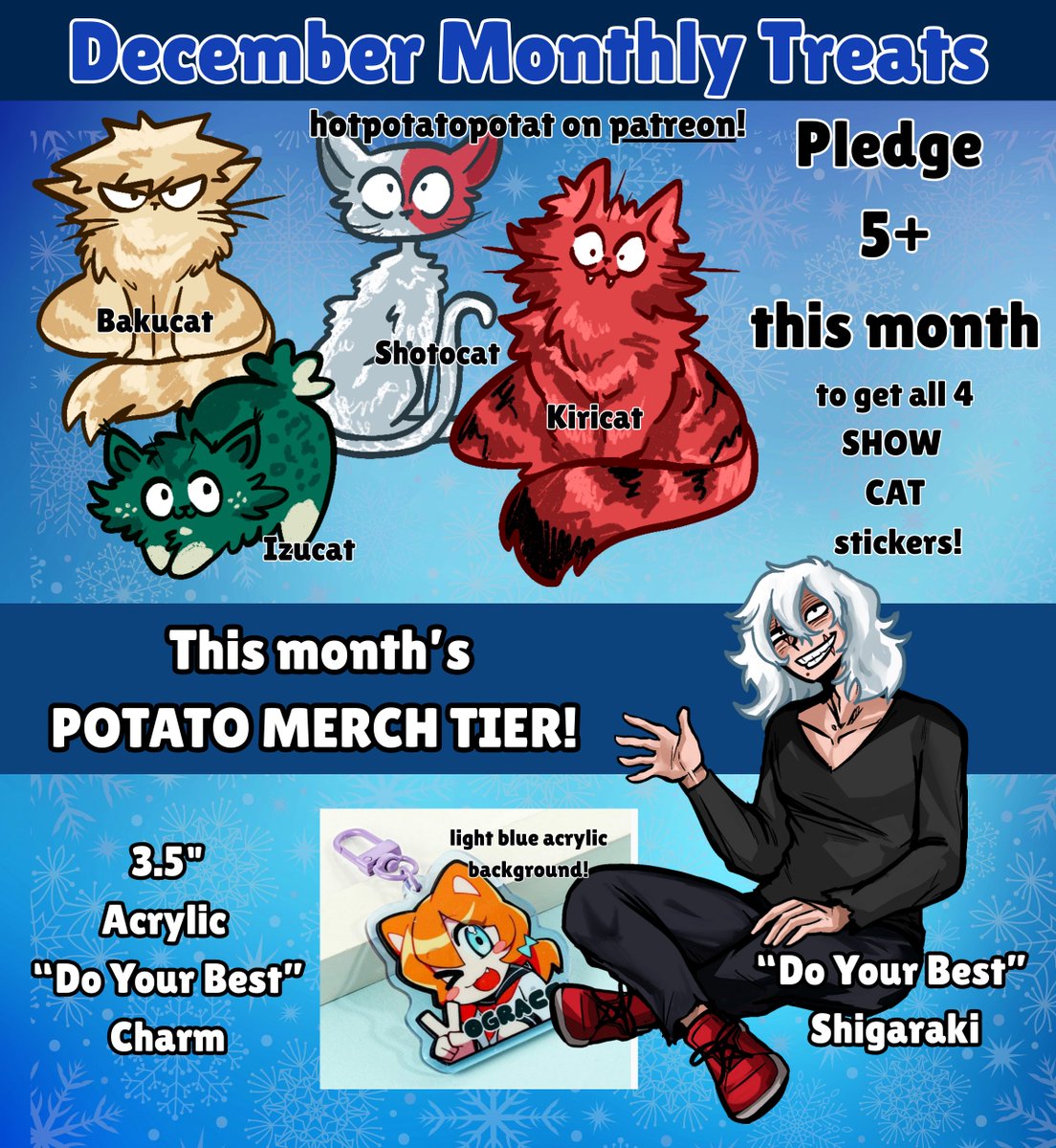 Time for monthly treats! 
We have the cats from the Cat Judge Aizawa series! Bakugou, Izuku, Shoto, and Kirishima!

Then we have something that I personally want, which is a small token to encourage us to "do our best", with Shigaraki giving a friendly, free wave.