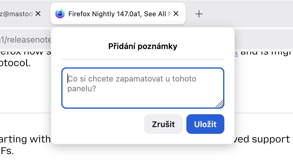 Ve vývojové verzi Firefoxu si nyní můžete přidat poznámku k otevřenému panelu.