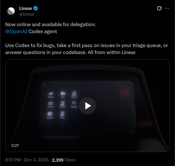 The beginning of the slopification of Linear. Do one thing very well, I can connect things myself. 

In the mood to install Plan9 from User Space today.