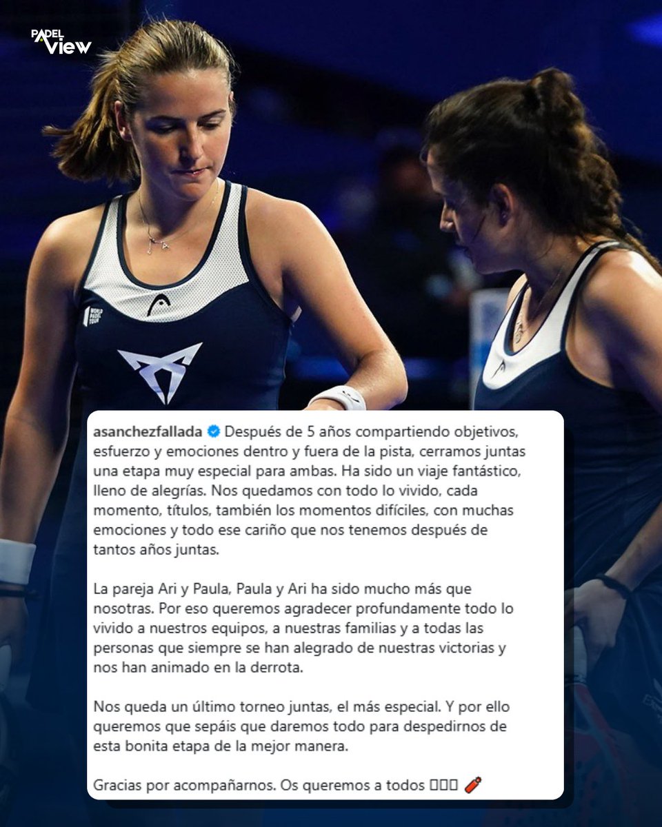 padelview's tweet image. Ari Sánchez y Paula Josemaría anuncian el final de su pareja tras cinco temporadas de éxitos:
🗣️: "Nos quedamos con todo lo vivido, cada momento, títulos, también los momentos difíciles, con muchas emociones y todo ese cariño que nos tenemos después de tantos años juntas."…