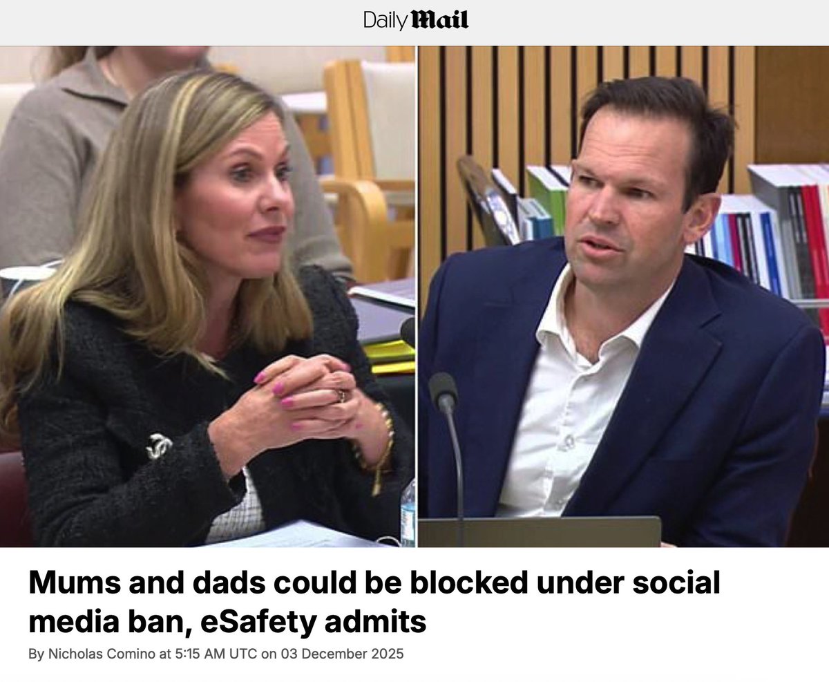 “Australian parents could find their own social media accounts restricted or blocked if they allow their children to use them under the nation's new age-verification laws, eSafety officials have admitted during a Senate hearing. 

The revelation came after Nationals Senator Matt