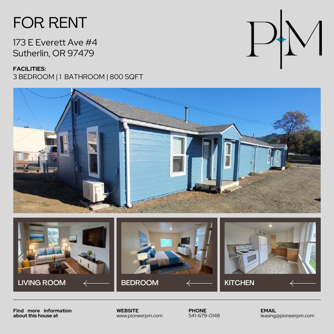 ✨ Featured Listing + Move-In Special! ✨
Move in before 12/31/25 and get $500 off your first full month’s rent!
Cozy 3BD/1BA duplex in Sutherlin — 800 sq ft, W/D in primary bedroom, and close to Central Park &amp; downtown.

🐾 Pet considered.
📍 173 E Everett Ave #4