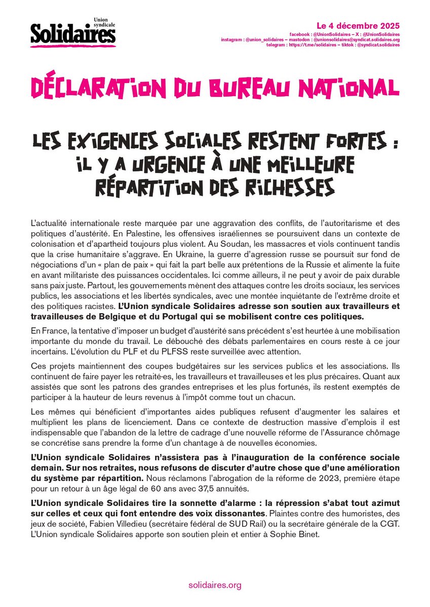 Fede_SUD_Rail's tweet photo. 🟣 Déclaration du Bureau National de @UnionSolidaires du 4 décembre.
🫵 Notre union #syndicale Solidaires n’assistera pas demain à l’inauguration de la conférence #sociale.
⛔️ Sur nos #retraites, nous refusons de discuter d’autre chose que d’une amélioration du système par répartition.
👇🏽