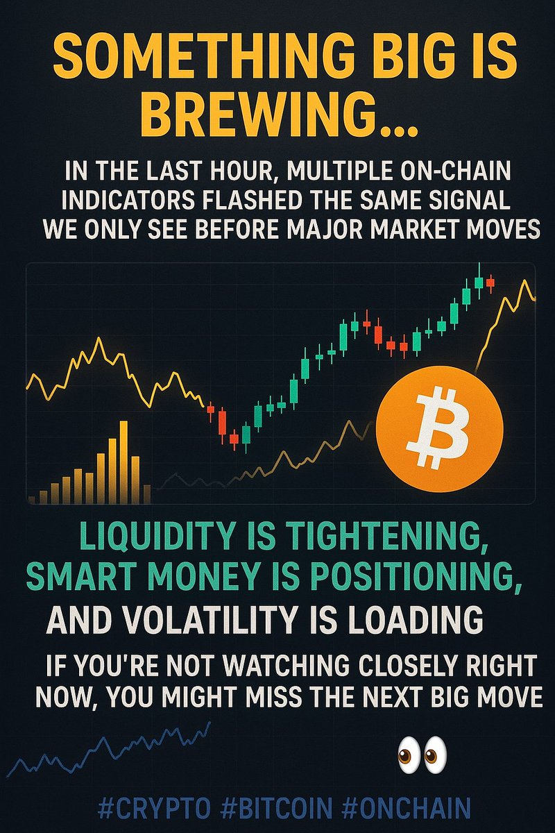 CryptoDailyLens's tweet image. 🚨 Something big is brewing… In the last hour, multiple on-chain indicators flashed the same signal we only see before major market moves. Liquidity is tightening, smart money is positioning, and volatility is loading.  #Crypto #Bitcoin #OnChain