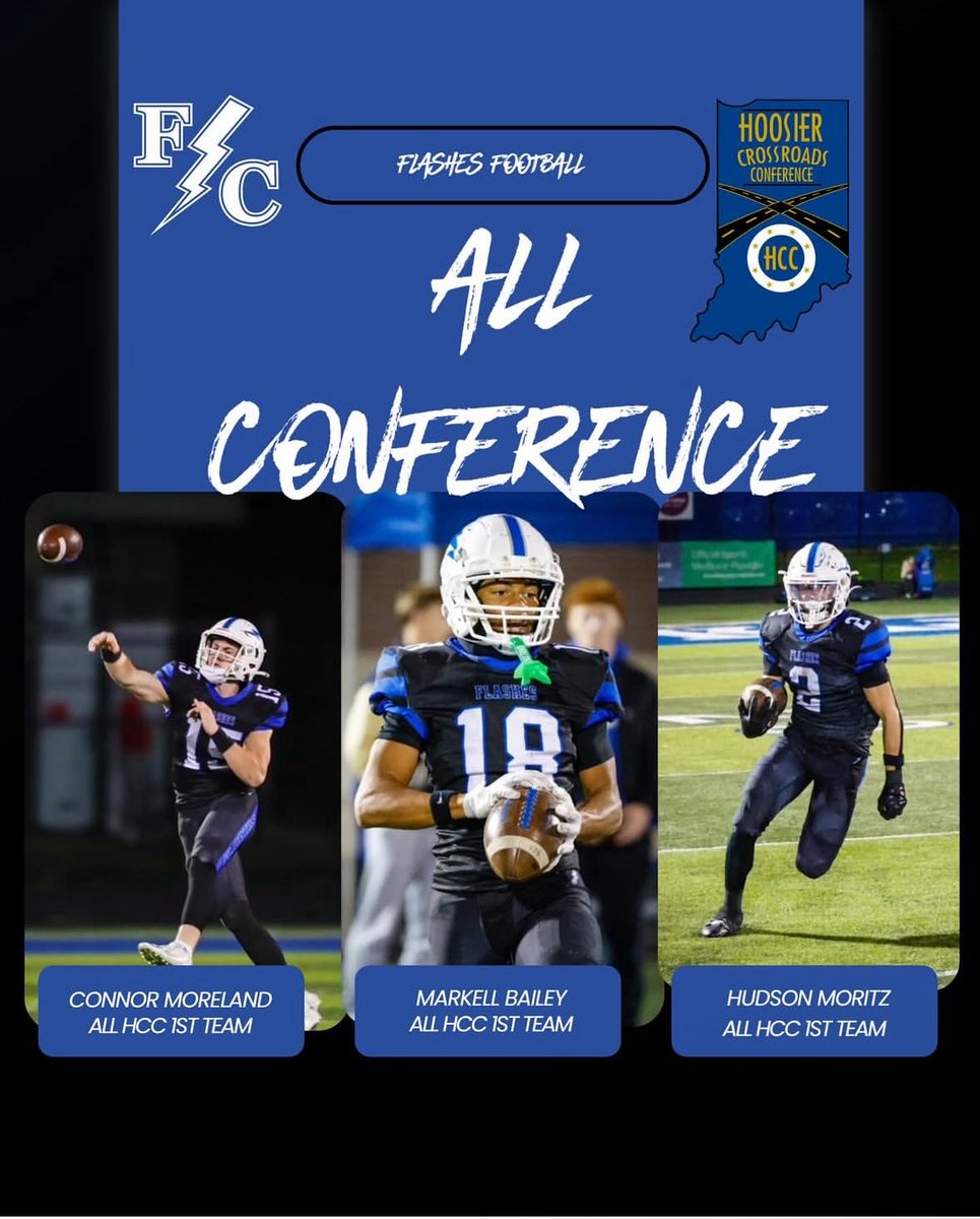 I’m honored to have been named All HCC 1st Team QB <a href="/HoosierCConf/">Hoosier Crossroads Conference</a> .  Thank you <a href="/FCFlashes/">Franklin Central Athletics</a> <a href="/FCFlashesFB/">FC Flashes Football</a> <a href="/Coach_West90/">Jayson West</a> <a href="/xfactorQB/">Anthony Morelli: X-Factor QB Academy</a> <a href="/vernonsmith23/">Vernon Smith | Mentality & Performance Coach</a> for  helping me reach my goals! I wouldn’t be here with out my team. <a href="/indystar/">IndyStar</a> <a href="/IndianaPreps/">Indiana Preps</a> <a href="/MarkellB_18/">Markell Bailey 2028</a> <a href="/hudson_Moritz/">hudson moritz</a> .
