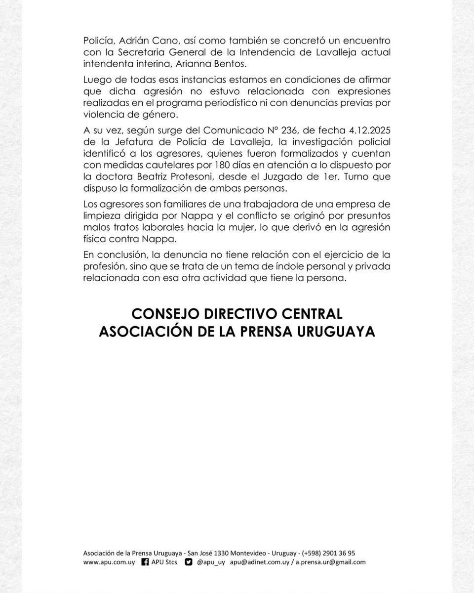 📢 COMUNICADO | APU culminó las instancias de verificación en Lavalleja y difunde sus conclusiones sobre el caso del comunicador Román Nappa.

Tras reunión con Román Nappa y su defensa legal, con la Jefatura de Policía de Lavalleja y con la Intendencia —a través de su secretaria