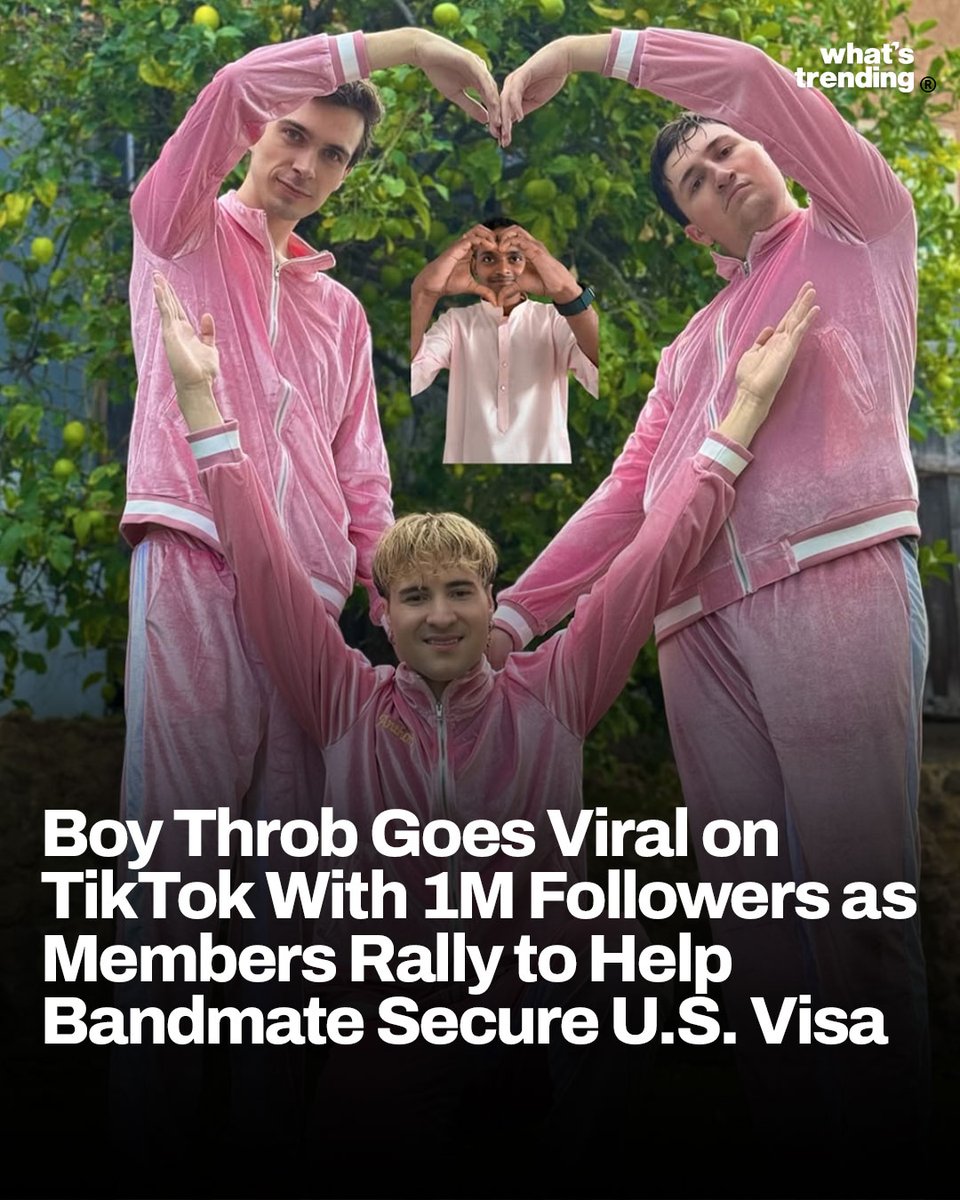 WhatsTrending's tweet photo. Boy Throb — the four-member band made up of Evan Papier, Zachary Sobania, Anthony Key and Darshan Magdum — just hit one million followers on TikTok, rapidly emerging as one of the platform’s biggest viral sensations. 

What’s unique is their mission: the American-based members are rallying behind Darshan, who currently lives in India, in hopes that their online success will help him secure a U.S. visa so he can join them on stage in Los Angeles. 

Despite some speculation online that Boy Throb might be a satire or a prank, the group insists they’re serious — and they’re reportedly working now on original music beyond their viral covers.