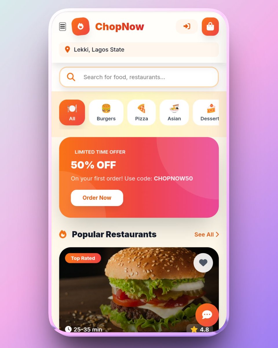 KsTiana1's tweet image. Decided to host ChopNow – a food delivery web app  
🔗 ks-chopnow.vercel.app
Clean, modern UI with:  
• Category filters  
• Demo login  
• Order tracking  
• Payment flow  
• Chat assistant &amp;amp; more  

Yeah... I think I tried 😌  

Thoughts?

#buildinpublic #frontenddev