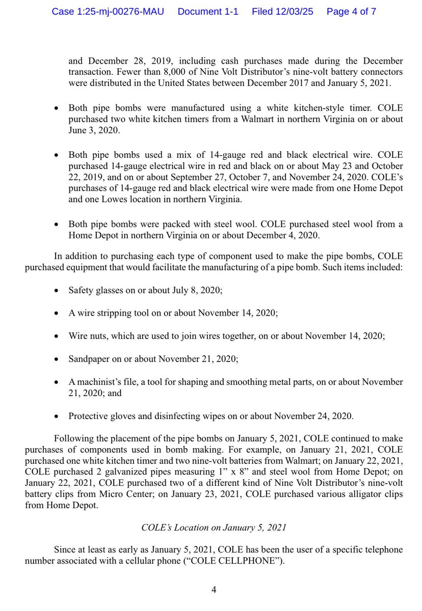 BREAKING🚨: The criminal complaint against Brian Jerome Cole Jr. has just been made public.

It turns out they tracked him down using his purchase records, cell phone data, and license plate info.

And it still took them *five years* to locate him?

Meanwhile, a bunch of January
