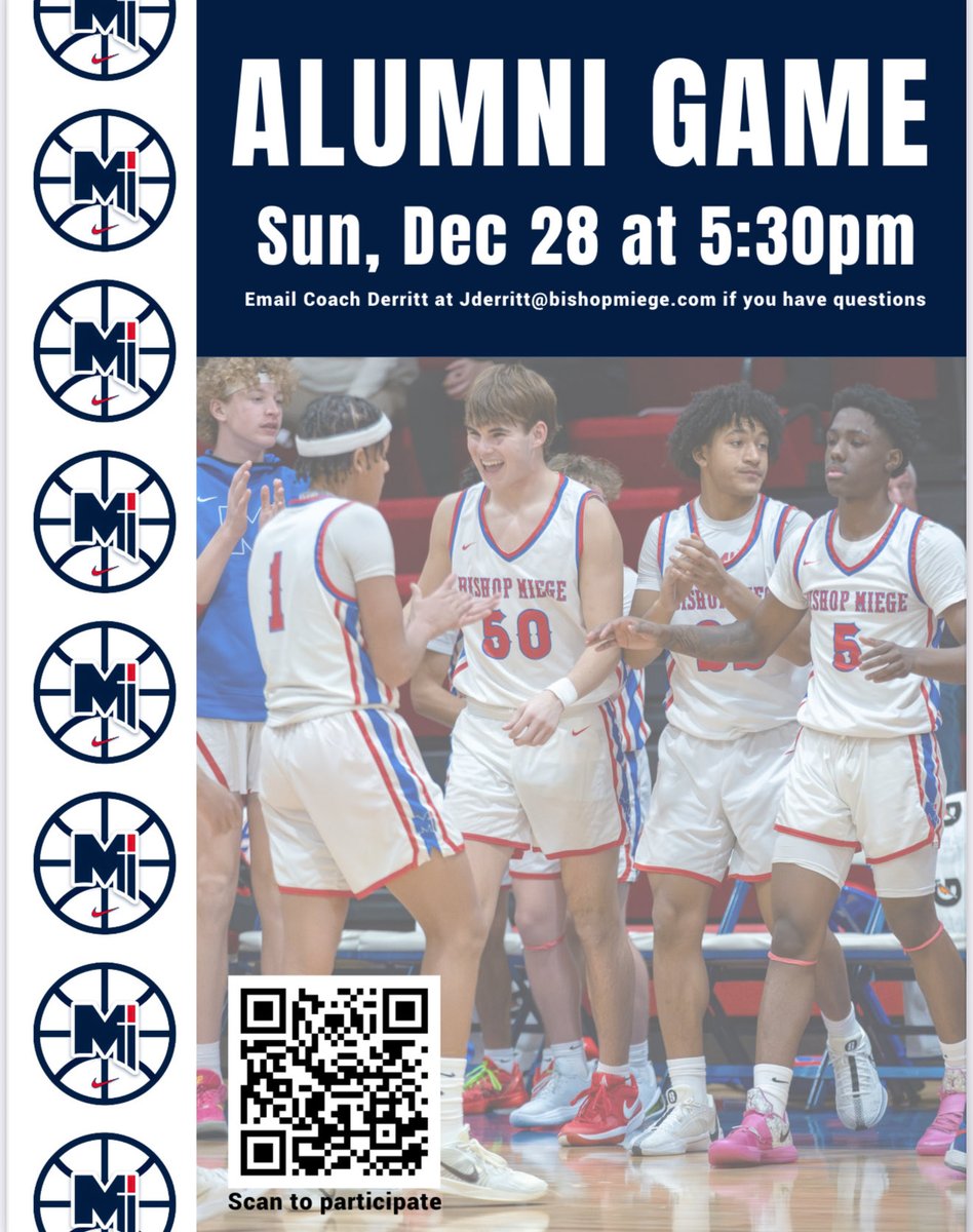 Attention Miege Alumni 

Get ready for the first-ever Bishop Miege Alumni Game on December 28th at 5:30 PM! Come back Home and compete with fellow Stag legends!

Scan the barcode to register today! 

For questions, email Coach Derritt: jderritt@bishopmiege.com

#MiegeAlumni