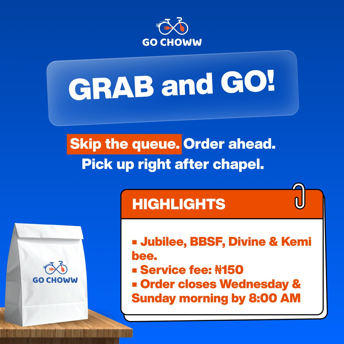 Spotted Divine and Kemibee on the flyer? Yup, it’s real!
You can now place your chapel-day orders from both cafeterias.
Go Choww just got bigger. 🫨❤️

Join our community for more updates chat.whatsapp.com/Ksxal0154d11IL…