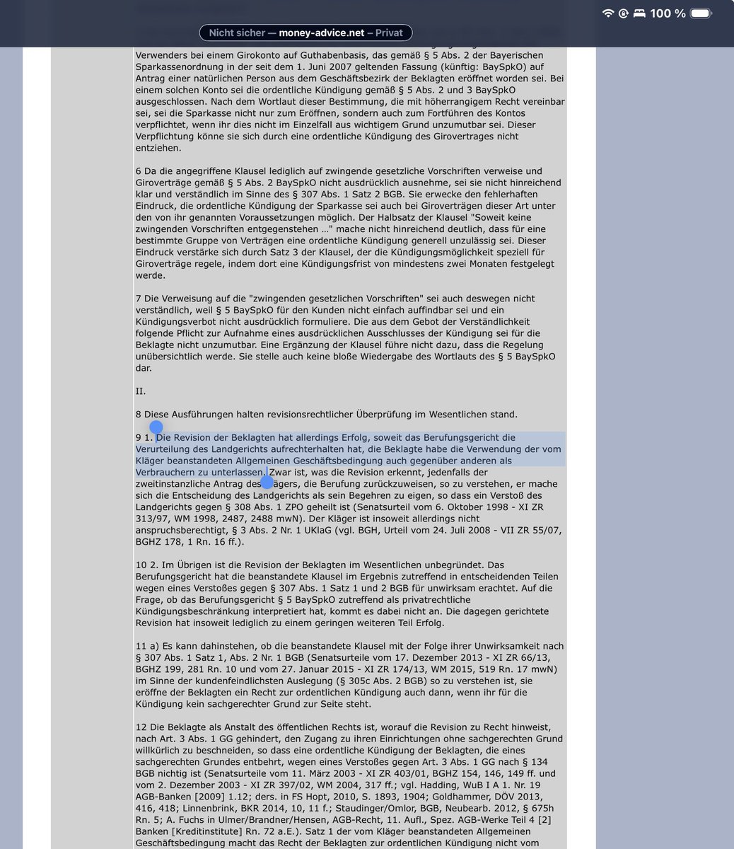 <a href="/VITRUVIUSPOLLO/">Albert Schultheiß</a> <a href="/Haintz_MediaLaw/">Markus Haintz</a> <a href="/WitzlebenFlavio/">Flavio von Witzleben</a> Die Klausel hilft nur Verbrauchern, aber nicht Geschäftskunden, da die Revision der Sparkasse ausdrücklich erfolgreich war. Also Pech für den Kläger.