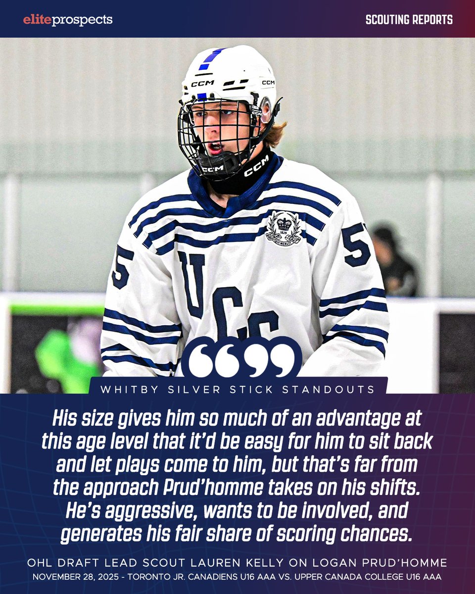 eliteprospects's tweet photo. 100+ scouting reports from the 2025 Whitby Silver Stick are now up on Elite Prospects player pages, with more to come 🔥

Henry Buttweiler: https://t.co/0SXzYPeWjF
Logan Prud'homme: https://t.co/PFZNAAJOlh
Aiden Kelly: https://t.co/uNSs3OyUfu
Drew Bate: https://t.co/ngLFq7wMqp https://t.co/Ml0EVdw5in