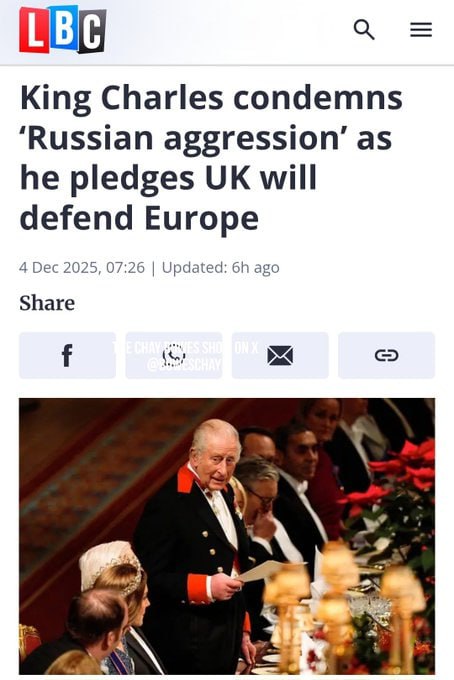 King Charles just stood up at a state banquet and openly condemned "Russian aggression" while pledging that Britain "will continue to defend Europe."

In one short paragraph he managed to drag the monarchy an institution that is meant to stay above party politics and foreign