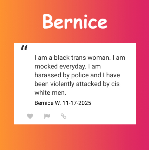 “I am a black trans woman. I am mocked everyday. I am harassed by police and I have been violently attacked by cis white men.”
Bernice W. 11-17-2025