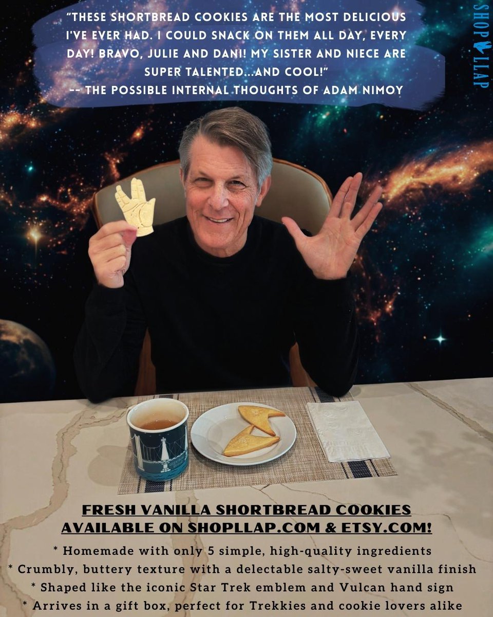 My Uncle Adam <a href="/adam_nimoy/">Adam Nimoy</a> had the honor of being the first to enjoy the Star Trek-shaped shortbread cookies that my mom and I are making for the shop, and it was a success! Have you placed your order yet? #LLAP 🖖 tinyurl.com/4eb8b56s tinyurl.com/4bftc48p
