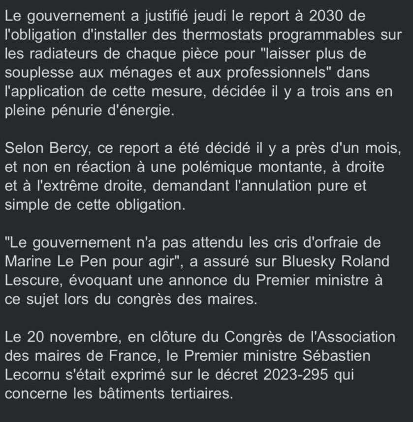 M. Lescure a encore perdu une occasion de se taire. Il est connu pour adorer s’écouter mais si il avait écouté le Premier ministre lors de son discours à l’AMF, il aurait entendu que le report à 2030 n’était prévu que pour les bâtiments publics. L’annonce d’aujourd’hui applique