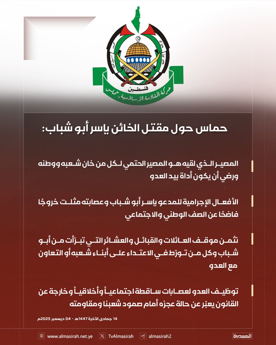 🟥 حماس حول مقتل الخائن ياسر أبو شباب:

♦️ المصير الذي لقيه هو المصير الحتمي لكل من خان شعبه ووطنه ورضي أن يكون أداة بيد العدو
♦️ الأفعال الإجرامية للمدعو ياسر أبو شباب وعصابته مثلت خروجًا فاضحًا عن الصف الوطني والاجتماعي
♦️ نثمن موقف العائلات والقبائل والعشائر التي تبرّأت من أبو