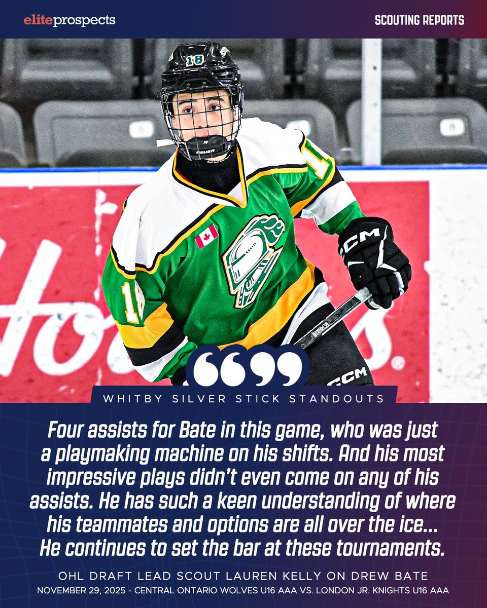 eliteprospects's tweet photo. 100+ scouting reports from the 2025 Whitby Silver Stick are now up on Elite Prospects player pages, with more to come 🔥

Henry Buttweiler: https://t.co/0SXzYPeWjF
Logan Prud'homme: https://t.co/PFZNAAJOlh
Aiden Kelly: https://t.co/uNSs3OyUfu
Drew Bate: https://t.co/ngLFq7wMqp https://t.co/Ml0EVdw5in