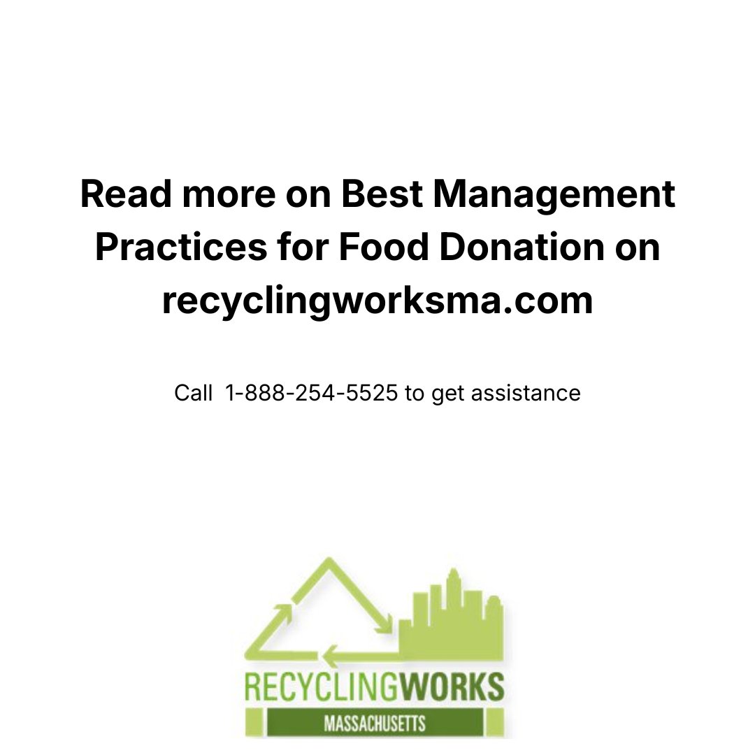 Surplus food doesn’t have to become waste. 🍽️💚
Businesses can donate safely by:
1️⃣ Identifying food to donate
2️⃣ Following food-safety steps
3️⃣ Packaging + labeling correctly
4️⃣ Coordinating transportation

RecyclingWorks MA can help — at no cost.
info@RecyclingWorksMA.com